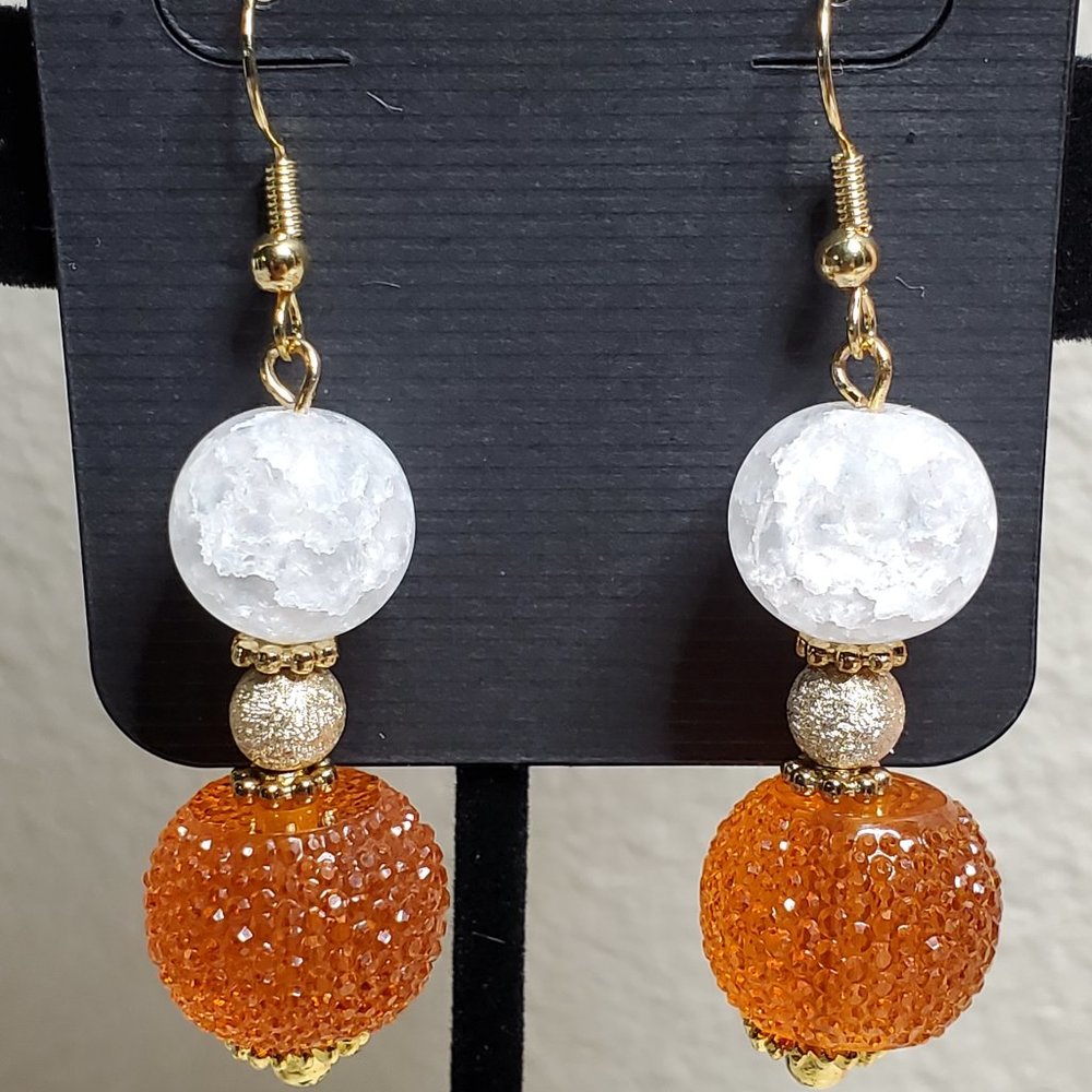 Elegant Snowball Bead & Gold Bead with Orange Sparkle Beaded Dangle Earrings.